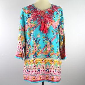 Paparazzi Paisley Embroidered Tunic Turquoise Floral Pink M NEW